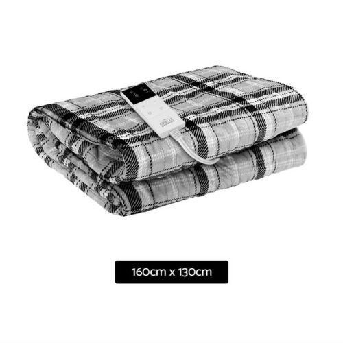 Giselle Bedding Electric Throw Rug Flannel Snuggle Blanket Washable Heated Grey and White Checkered - Image 2