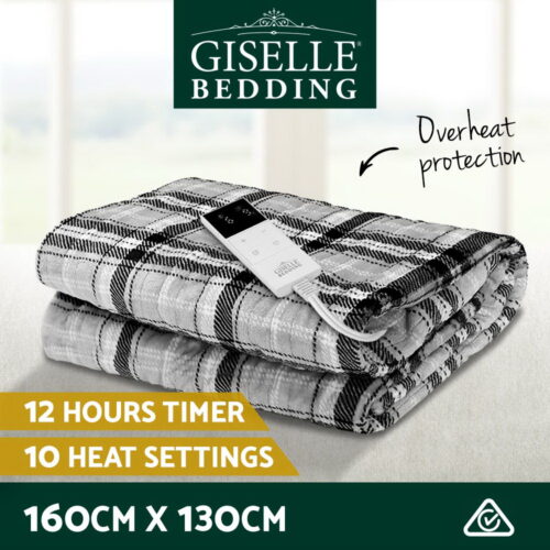 Giselle Bedding Electric Throw Rug Flannel Snuggle Blanket Washable Heated Grey and White Checkered - Image 3