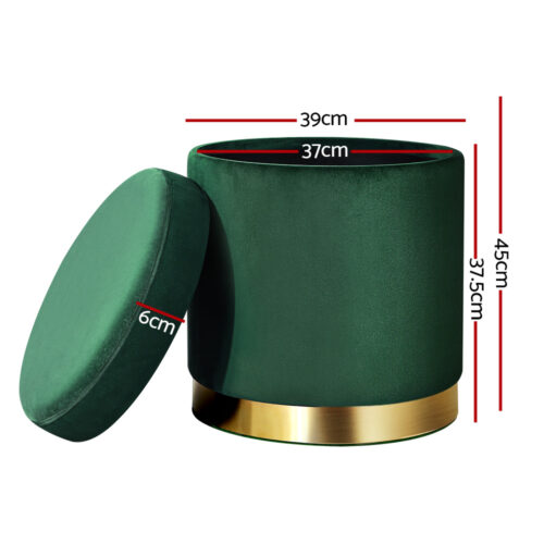 Artiss Ottoman Storage Foot Stool Round Velvet Green - Image 2