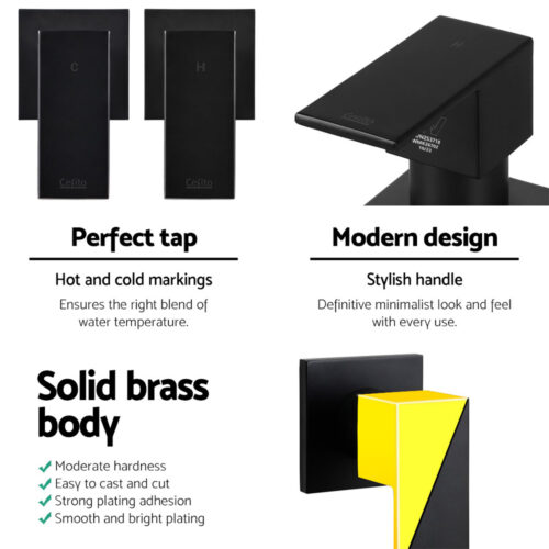 Cefito Shower Twins Tap Wall Bath Taps Brass Hot Cold Basin Bathroom Black - Image 4