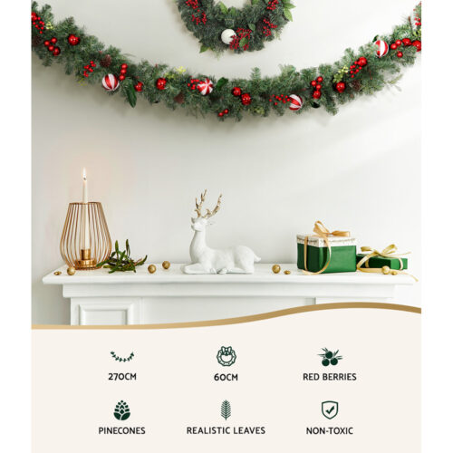 Jingle Jollys Christmas Garland with Wreath Set Ornaments Xmas Tree Decor - Image 3
