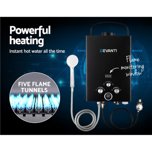Devanti Portable Gas Water Heater 8L/Min LPG System Black - Image 5