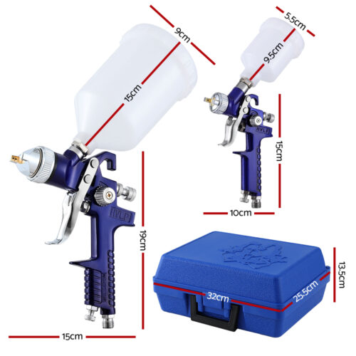 Giantz 2PC HVLP Spray Gun Paint Gun Gravity Feed 0.8mm 1.4,mm Nozzles Included - Image 2