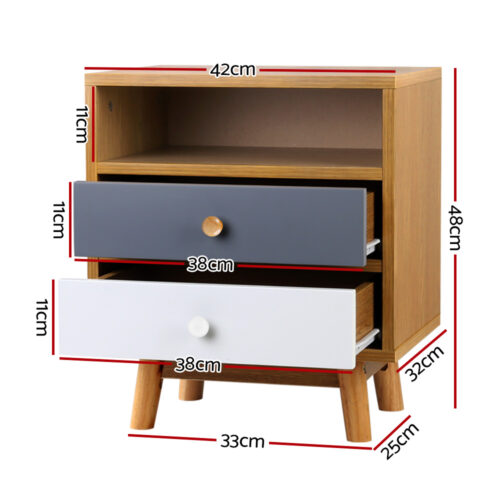 Artiss Bedside Table 2 Drawers with Shelf - BERTHA Oak - Image 2