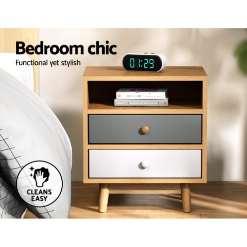 Artiss Bedside Table 2 Drawers with Shelf - BERTHA Oak - Image 5