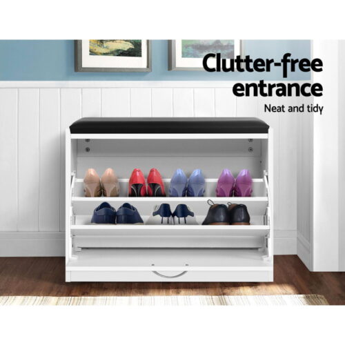 Artiss Shoe Cabinet Bench Shoes Storage Rack Organiser Drawer White 15 Pairs - Image 4