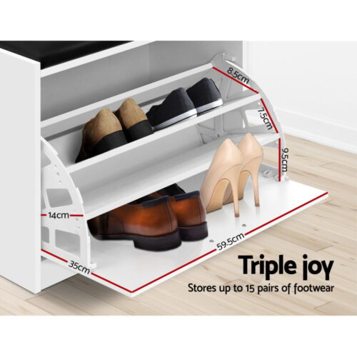 Artiss Shoe Cabinet Bench Shoes Storage Rack Organiser Drawer White 15 Pairs - Image 7