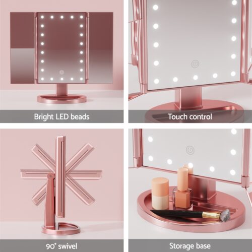Embellir Tri-fold Makeup Mirror 1X2X3X Magnifying with LED Light Travel Portable Pink - Image 7