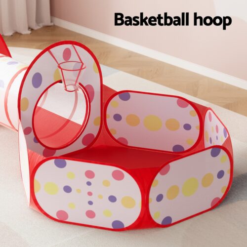 Keezi Kids Playhouse Play Tent Pop Up Teepee Ball Pit Tunnel Basketball Hoop Red - Image 5
