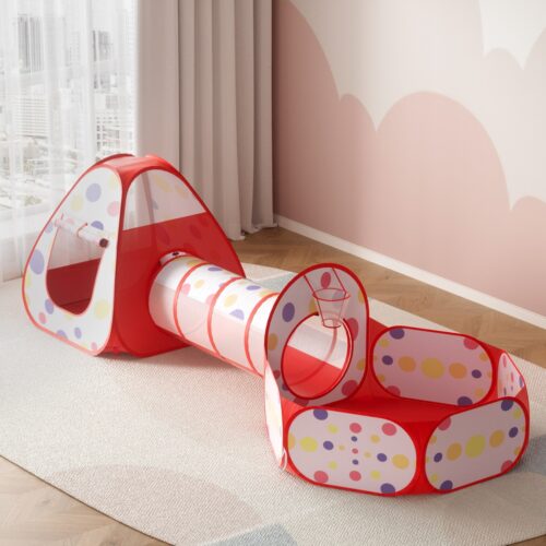 Keezi Kids Playhouse Play Tent Pop Up Teepee Ball Pit Tunnel Basketball Hoop Red - Image 7