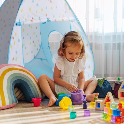 Keezi Kids Play Tent Pop Up Playhouse Ball Pit Tunnel Basketball Hoop Blue - Image 4