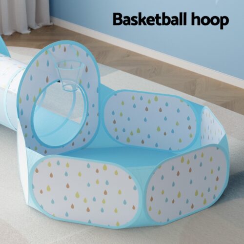 Keezi Kids Play Tent Pop Up Playhouse Ball Pit Tunnel Basketball Hoop Blue - Image 5