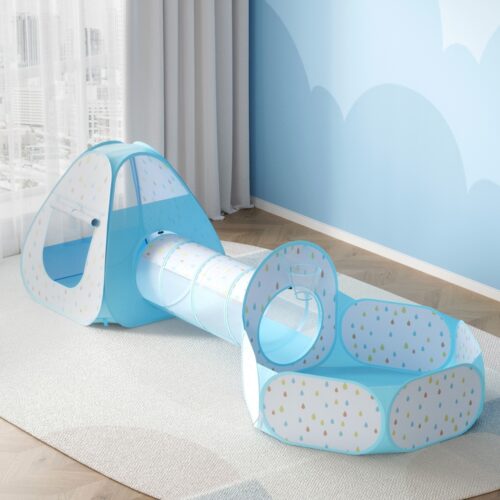 Keezi Kids Play Tent Pop Up Playhouse Ball Pit Tunnel Basketball Hoop Blue - Image 7