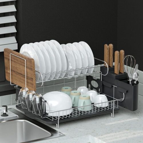 Cefito Dish Rack Drying Drainer Cup Holder Cutlery Tray Kitchen Organiser 2-Tier - Image 8