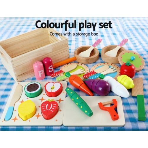 Keezi Kids Kitchen Play Set Wooden Pretend Toys Cooking Utensils Pots Pans Food - Image 4