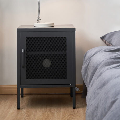 ArtissIn Bedside Table Mesh Door Cabinet - Black - Image 8