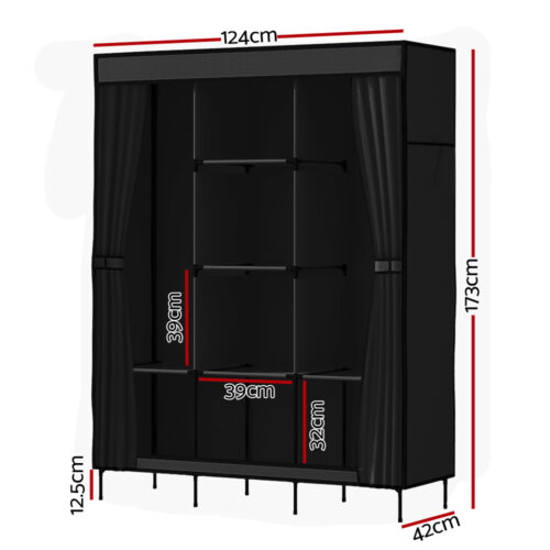 Artiss Large Portable Clothes Closet Wardrobe with Shelf Black - Image 4