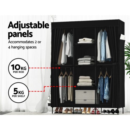 Artiss Large Portable Clothes Closet Wardrobe with Shelf Black - Image 6