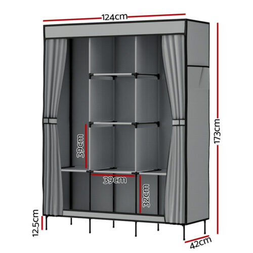 Artiss Large Portable Clothes Closet Wardrobe with Shelf Grey - Image 4