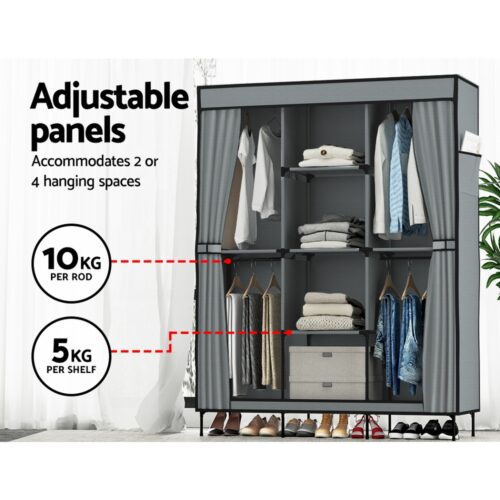 Artiss Large Portable Clothes Closet Wardrobe with Shelf Grey - Image 6