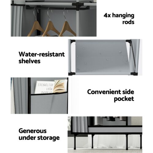Artiss Large Portable Clothes Closet Wardrobe with Shelf Grey - Image 7