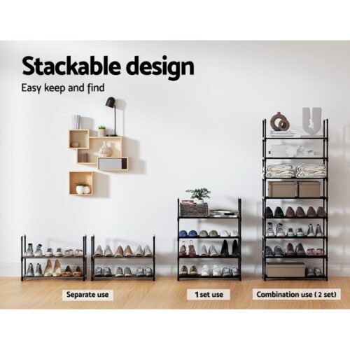 Artiss Shoe Rack Cabinet Stackable 4-tier 12 Pairs Black - Image 6