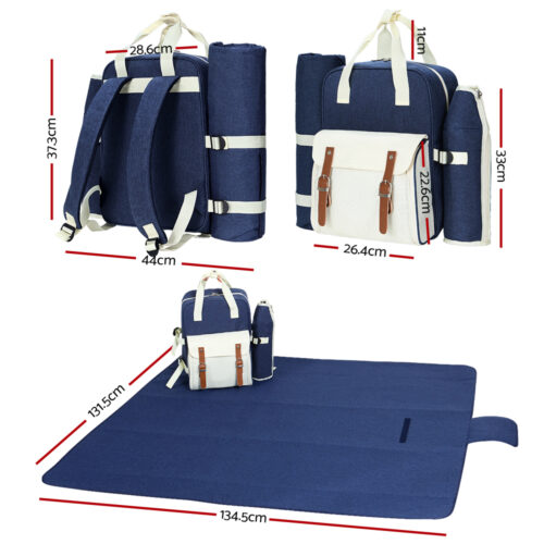 Alfresco 4 Person Picnic Basket Set Backpack Bag Insulated Blue - Image 2