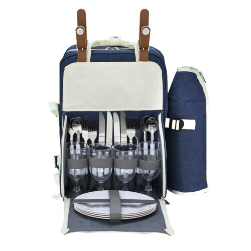 Alfresco 4 Person Picnic Basket Set Backpack Bag Insulated Blue - Image 3