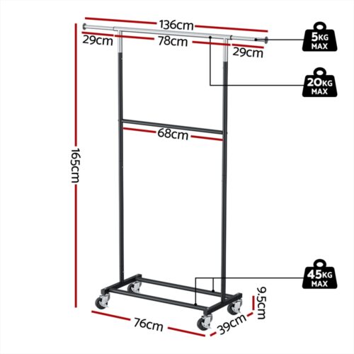 Artiss Clothes Rack Double Rod Airer Rail Coat Stand Adjustable Hanger - Image 2
