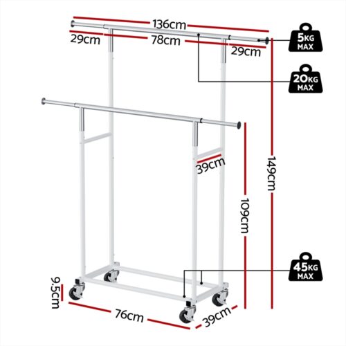 Artiss Clothes Rack Double Rod Airer Rail Coat Stand Adjustable Hanger - Image 2
