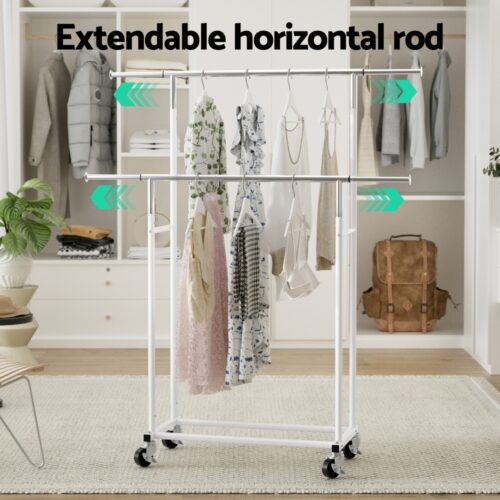 Artiss Clothes Rack Double Rod Airer Rail Coat Stand Adjustable Hanger - Image 4
