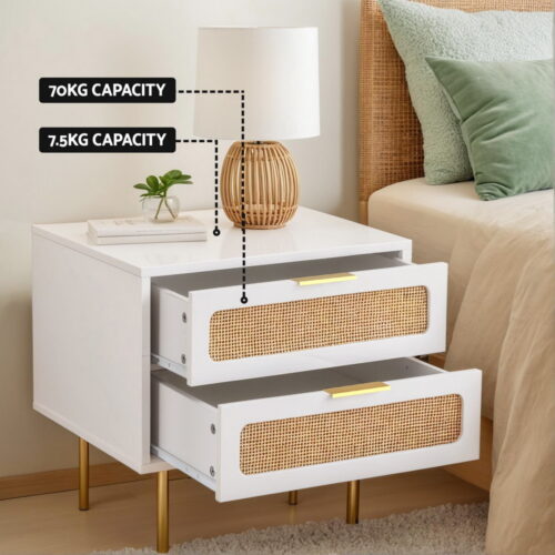Artiss Rattan Bedside Table 2 Drawers Pine - Image 5