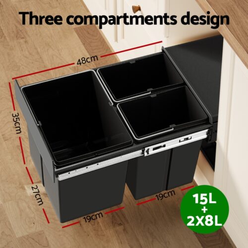 Cefito Pull Out Bin Kitchen Triple Slide Garbage Rubbish Bins Basket Blcak 31L - Image 4