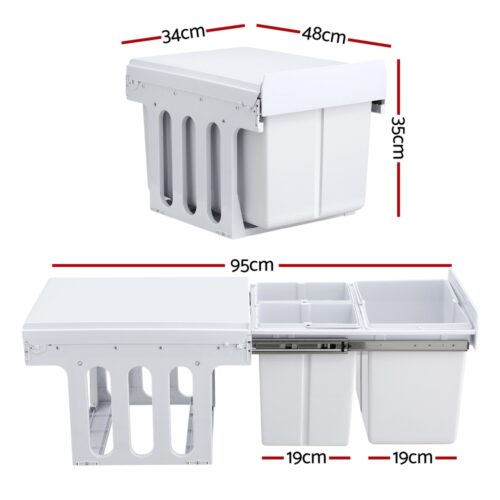 Cefito Pull Out Bin Kitchen Triple Slide Garbage Rubbish Bins Basket White 31L - Image 2
