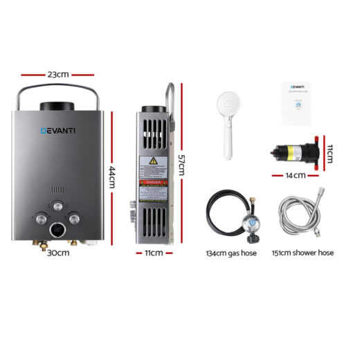Devanti Portable Gas Water Heater 8L/Min With Pump LPG System Grey - Image 2