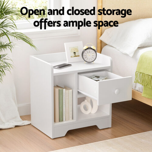 Artiss Bedside Table Drawer Nightstand Side End Table Storage Open Shelf White - Image 4