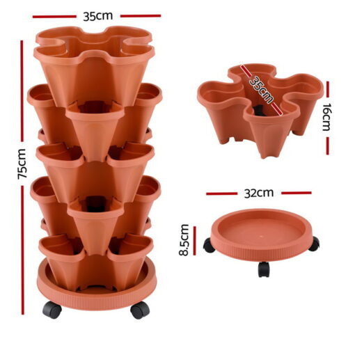 Green Fingers Raised Garden Bed 5 Tier Vertical Garden Brick Red Strawberry Stackable Planters Herbs Petunias - Image 2