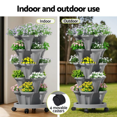 Green Fingers Raised Garden Bed 5 Tier Vertical Garden Grey Strawberry Stackable Planters Herbs Petunias - Image 6