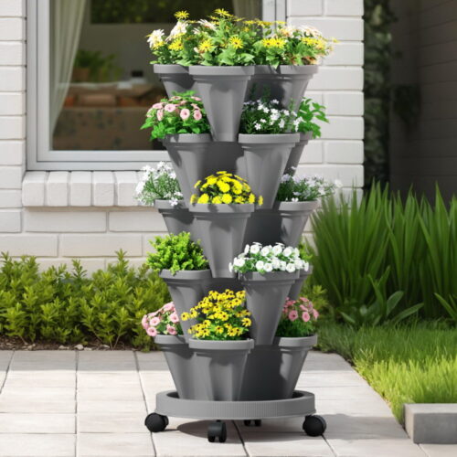 Green Fingers Raised Garden Bed 5 Tier Vertical Garden Grey Strawberry Stackable Planters Herbs Petunias - Image 7