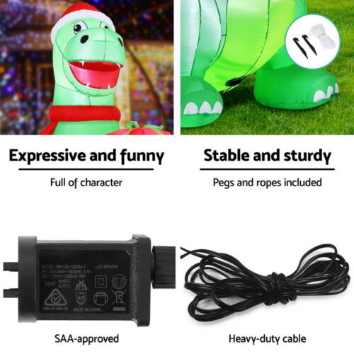 Jingle Jollys Christmas Inflatable Dinosaur 1.8M Height LED Decorations Illuminated - Image 6