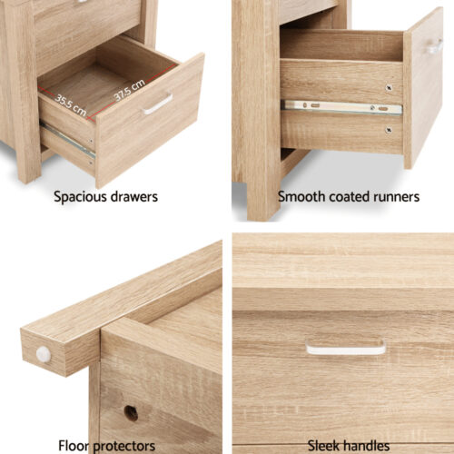 Artiss Bedside Table 2 Drawers - MAXI Pine - Image 4