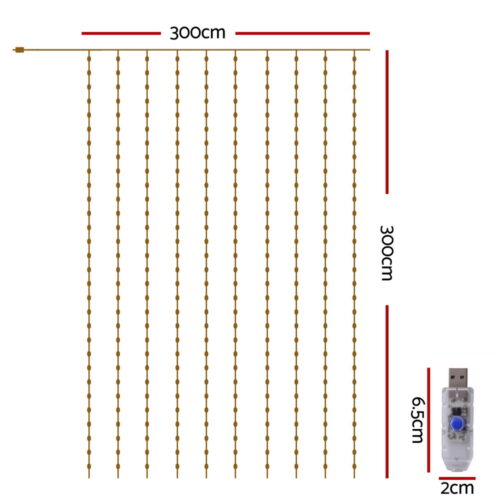 Jingle Jollys 3X3M Christmas Lights Curtain String Light 300 LED Warm White - Image 2
