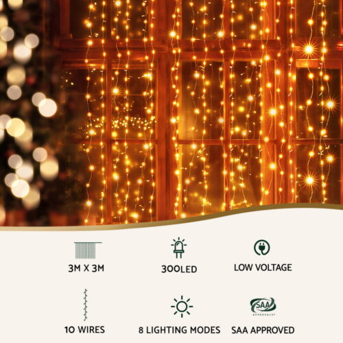 Jingle Jollys 3X3M Christmas Lights Curtain String Light 300 LED Warm White - Image 4