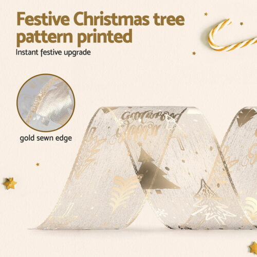 Jingle Jollys 20M Christmas Ribbon Roll Bow Printed Xmas Tree Decor Gift Gold - Image 4