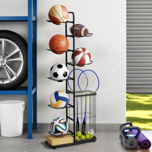 Everfit Ball Storage Rack Sports Equipment Organizer 7-Tier with Basket for Garage Gym Black - Image 7
