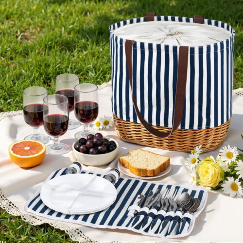 Alfresco 4 Person Picnic Basket Bag Set Wooden Blanket Cooler Outdoor Insulated - Image 7