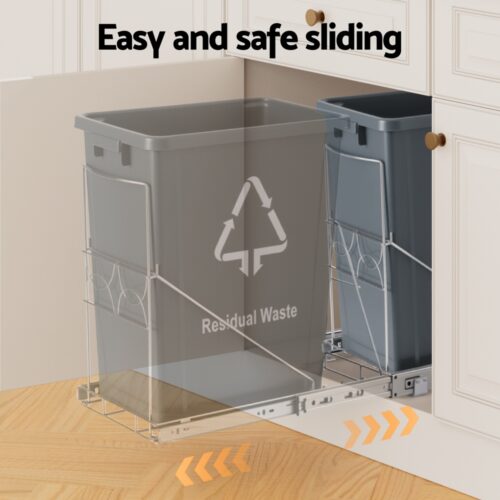 Cefito Pull Out Bin Kitchen Cabinet Slide Garbage Rubbish Bins Basket 40L Grey - Image 4
