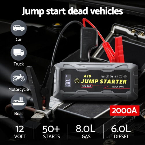 Giantz 2000A Portable Car Jump Starter 12V Lithium Battery Booster Pack Power Bank & Jumper Cables - Image 4