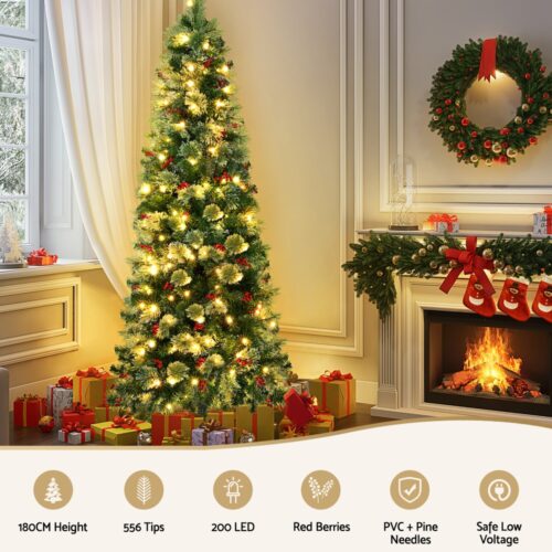 Jingle Jollys Christmas Tree 1.8M LED Xmas Tree Party Decorations Red Barries - Image 4