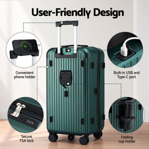 Wanderlite 28" Trunk Luggage Suitcase Travel 5 Wheels Type-C Port TSA Green - Image 5